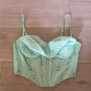 Mint Green, Floral-Print Bustier/Corset Style Crop Top with Cowl Neck & Zipper